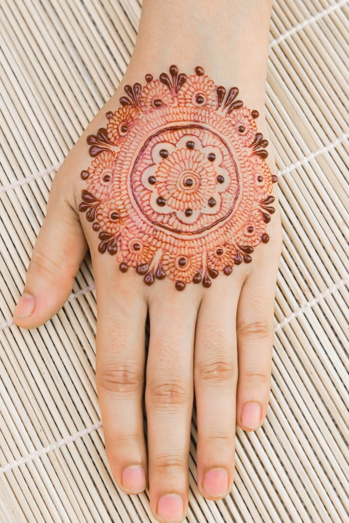Close-up of a hand adorned with an intricate mehndi design