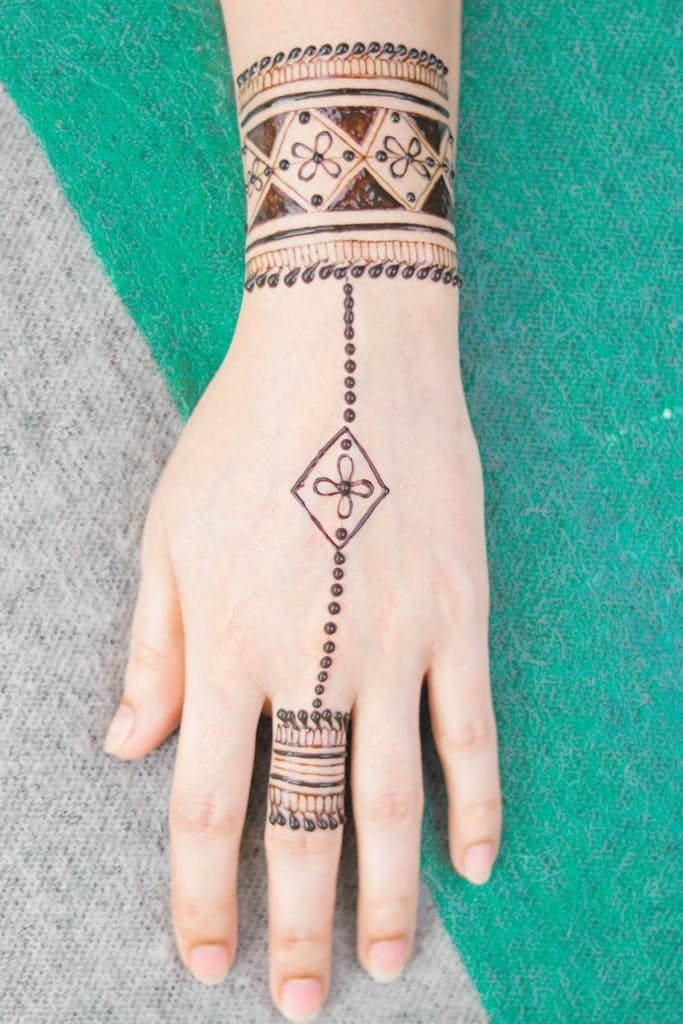 Close-up of a hand with an intricate henna design, showcasing cultural body art.