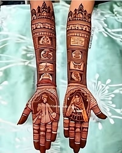 Traditional Rajasthani bridal mehndi design with intricate motifs covering full hands and arms, featuring bride and groom figures