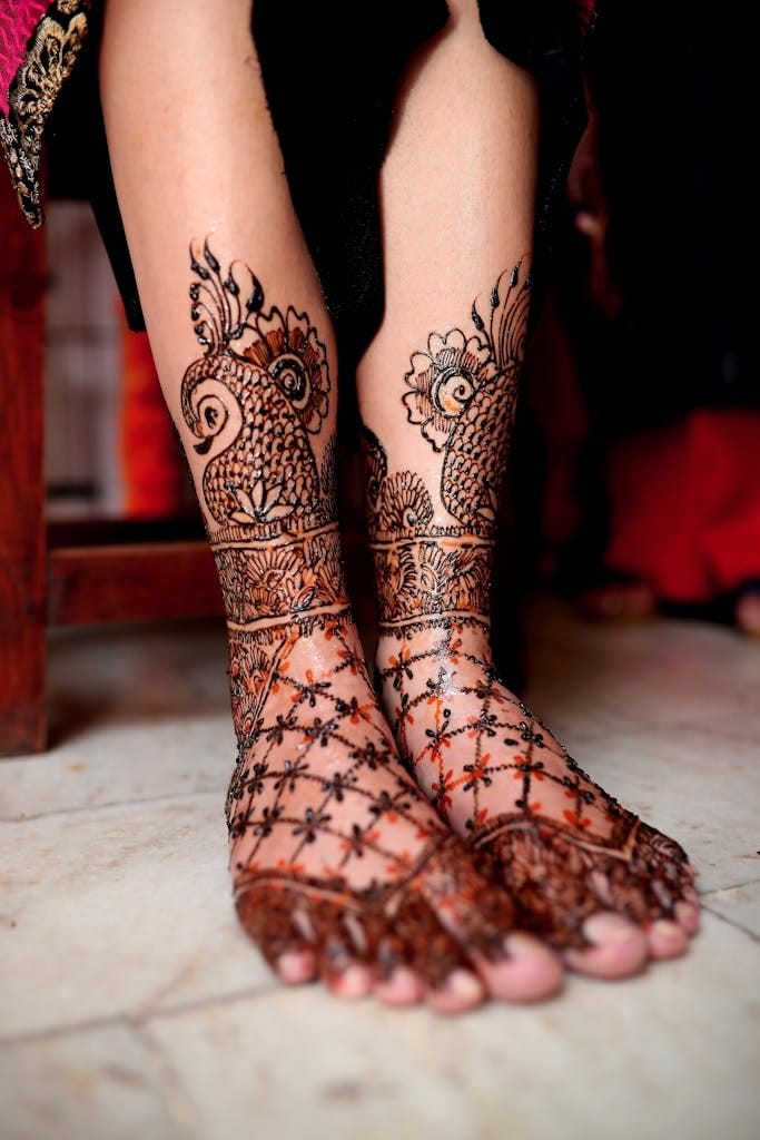 Beautiful close-up of intricate henna designs on feet, highlighting cultural artistry.